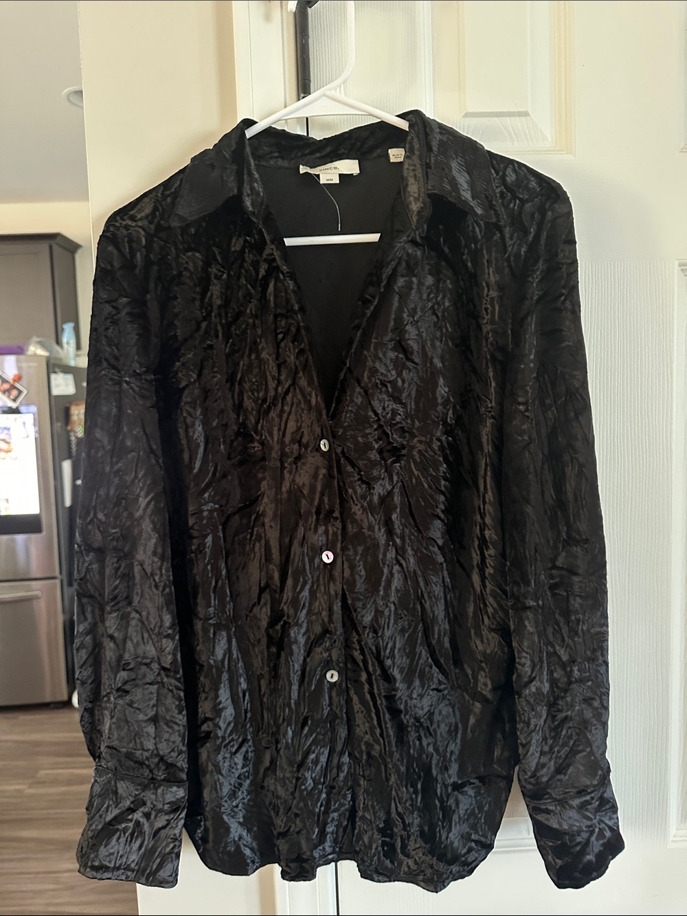 Vince Black Crushed Satin Button-Down Blouse